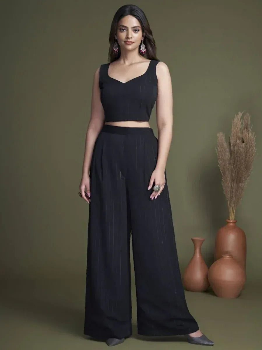 Black sleeveless crop top with wide-leg palazzo pants, ethnic wear for women
