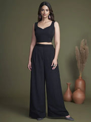Marvelous Black Plain Silk Ready-Made Crop Top Palazzo With Jacket