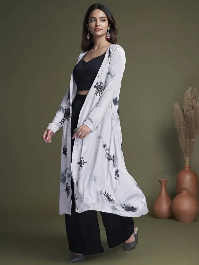 Marvelous Black Plain Silk Ready-Made Crop Top Palazzo With Jacket