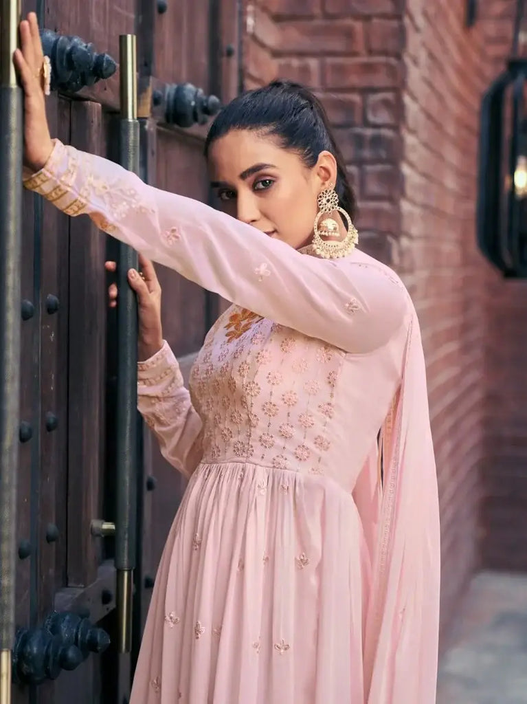 Ravishing Baby Pink Embroidered Georgette Readymade Palazzo Suit