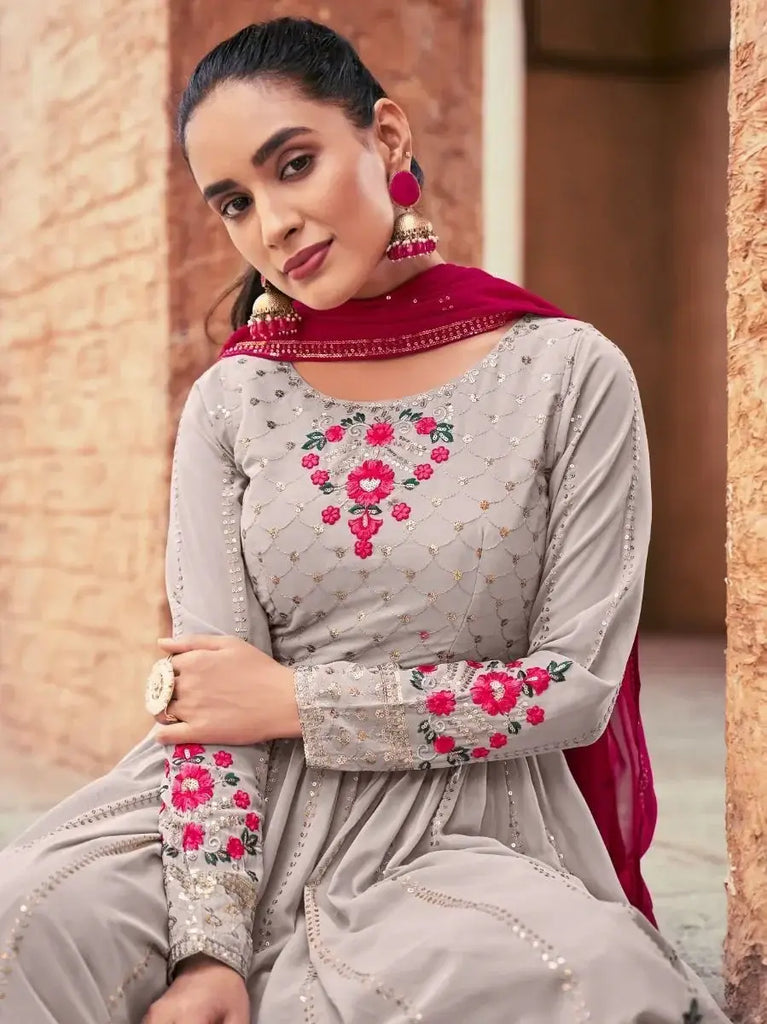 Alluring Grey Embroidered Georgette Readymade Palazzo Suit