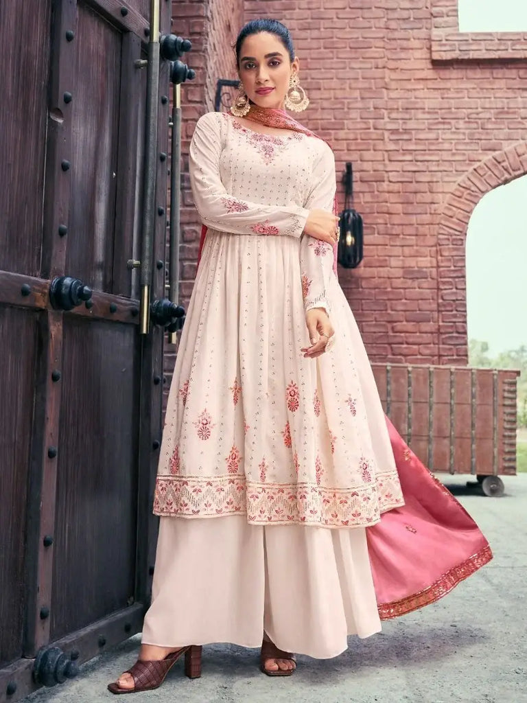 Dazzling Beige Embroidered Georgette Readymade Palazzo Suit