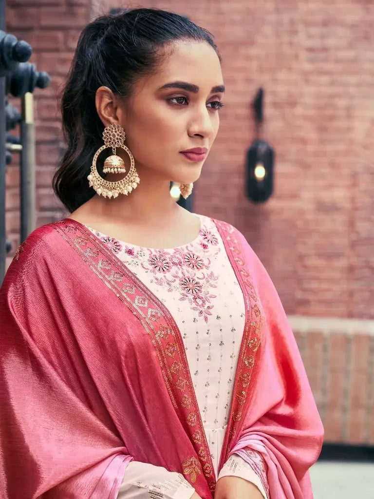 Dazzling Beige Embroidered Georgette Readymade Palazzo Suit