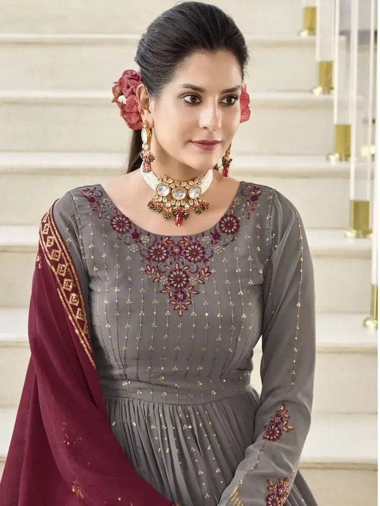 Classic Grey Embroidered Georgette Events Wear Palazzo Suit
