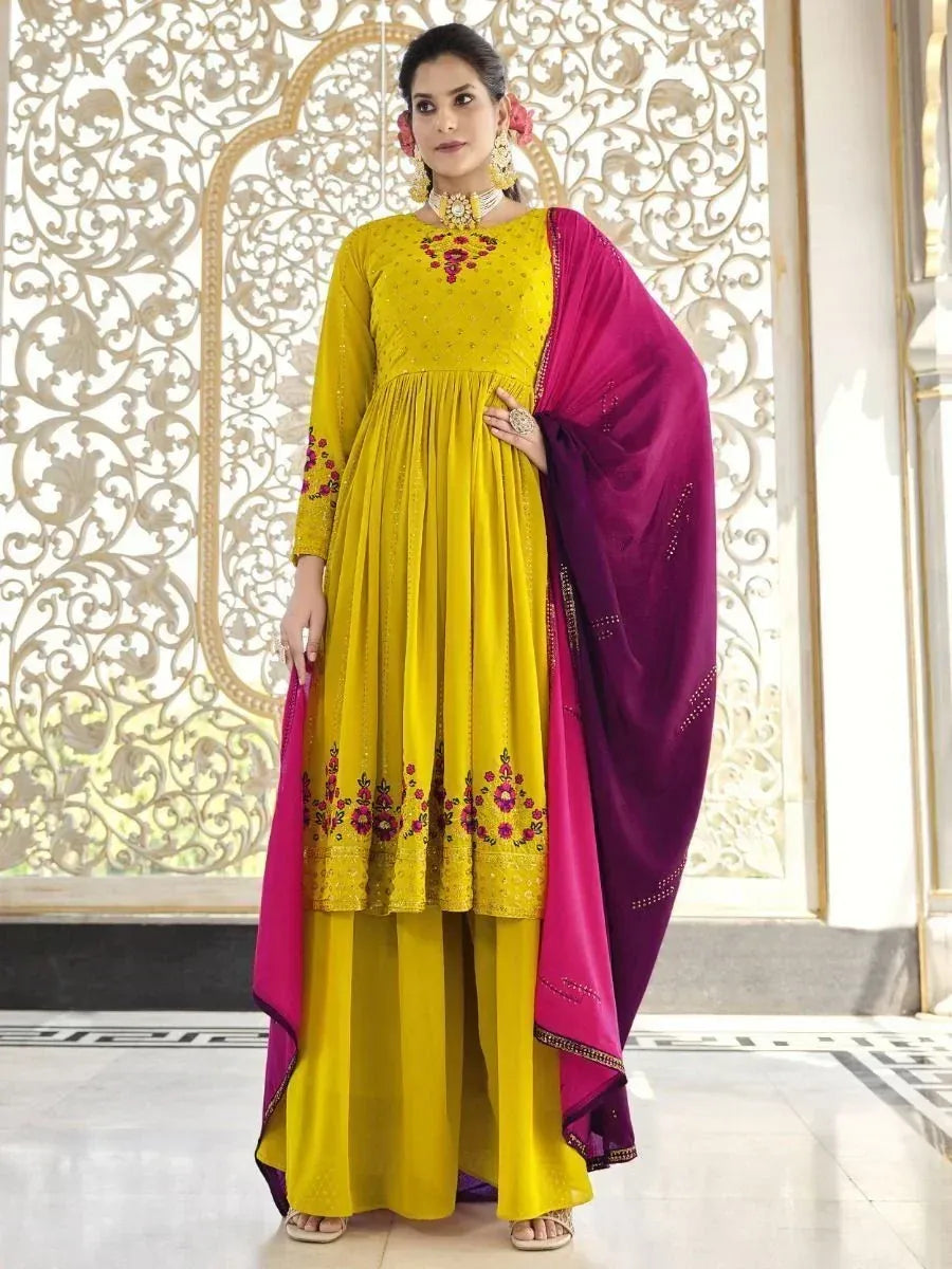 Yellow embroidered anarkali suit with pink dupatta, Indian ethnic wear for women