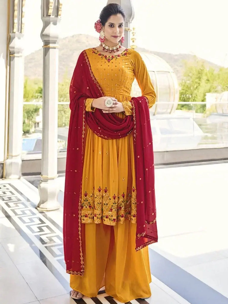 Ravishing Mustard Sequins Georgette Ceremony Wear Salwar Kameez