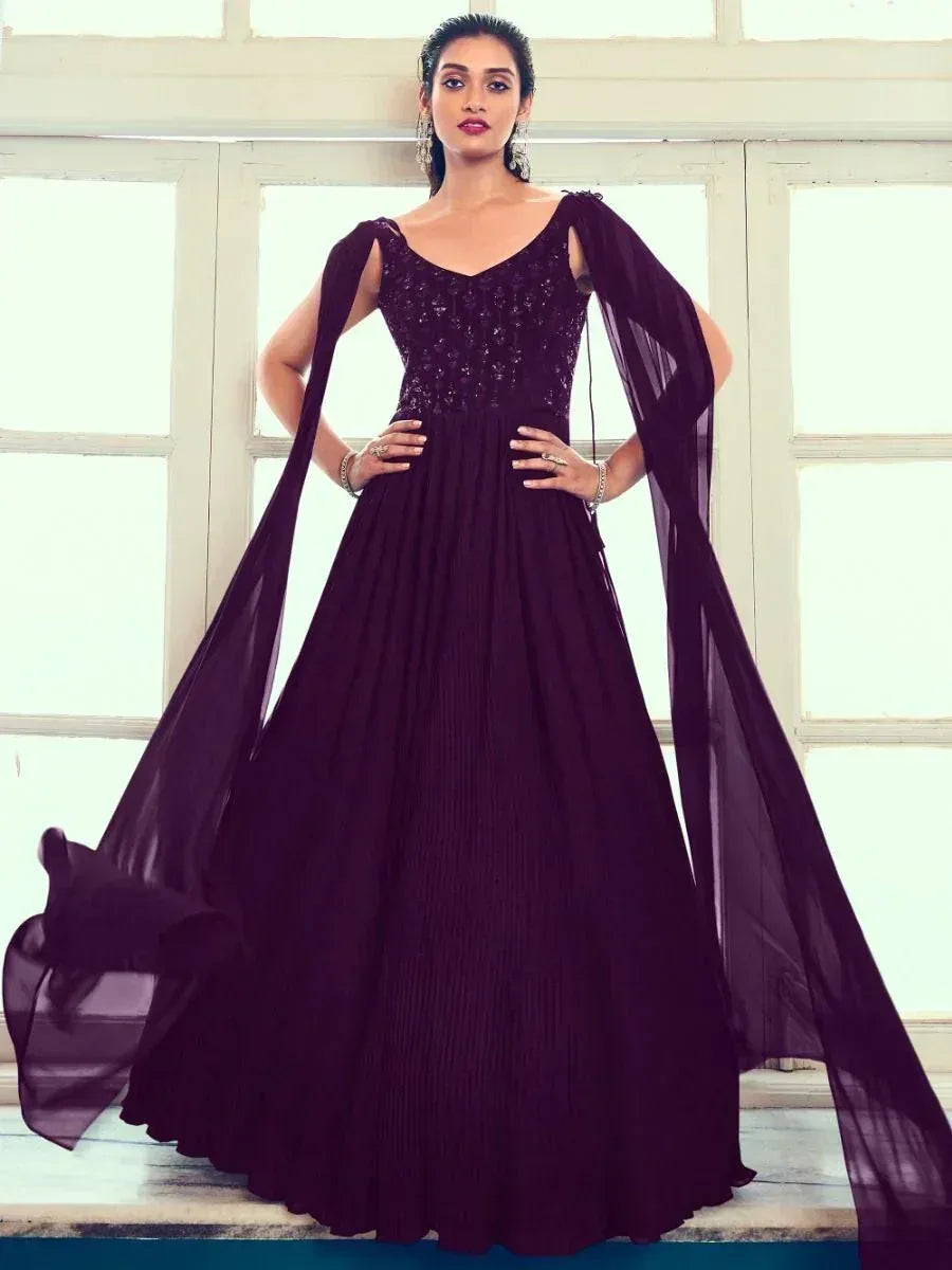 Elegant purple ethnic gown with sheer cape, perfect for Indian festive occasions
