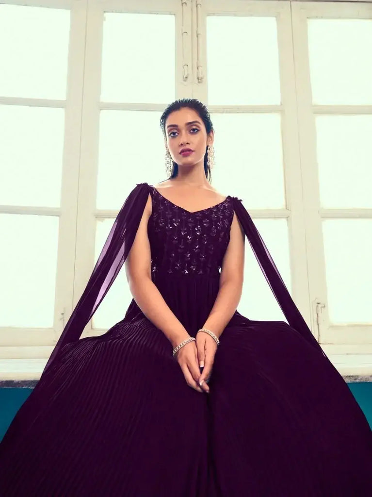 Remarkable Dark Purple Sequins Work Georgette Ready-Made Gown