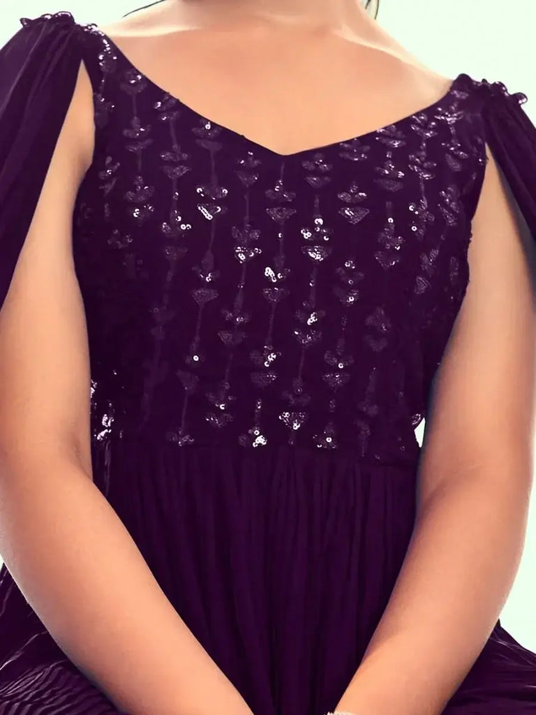 Remarkable Dark Purple Sequins Work Georgette Ready-Made Gown