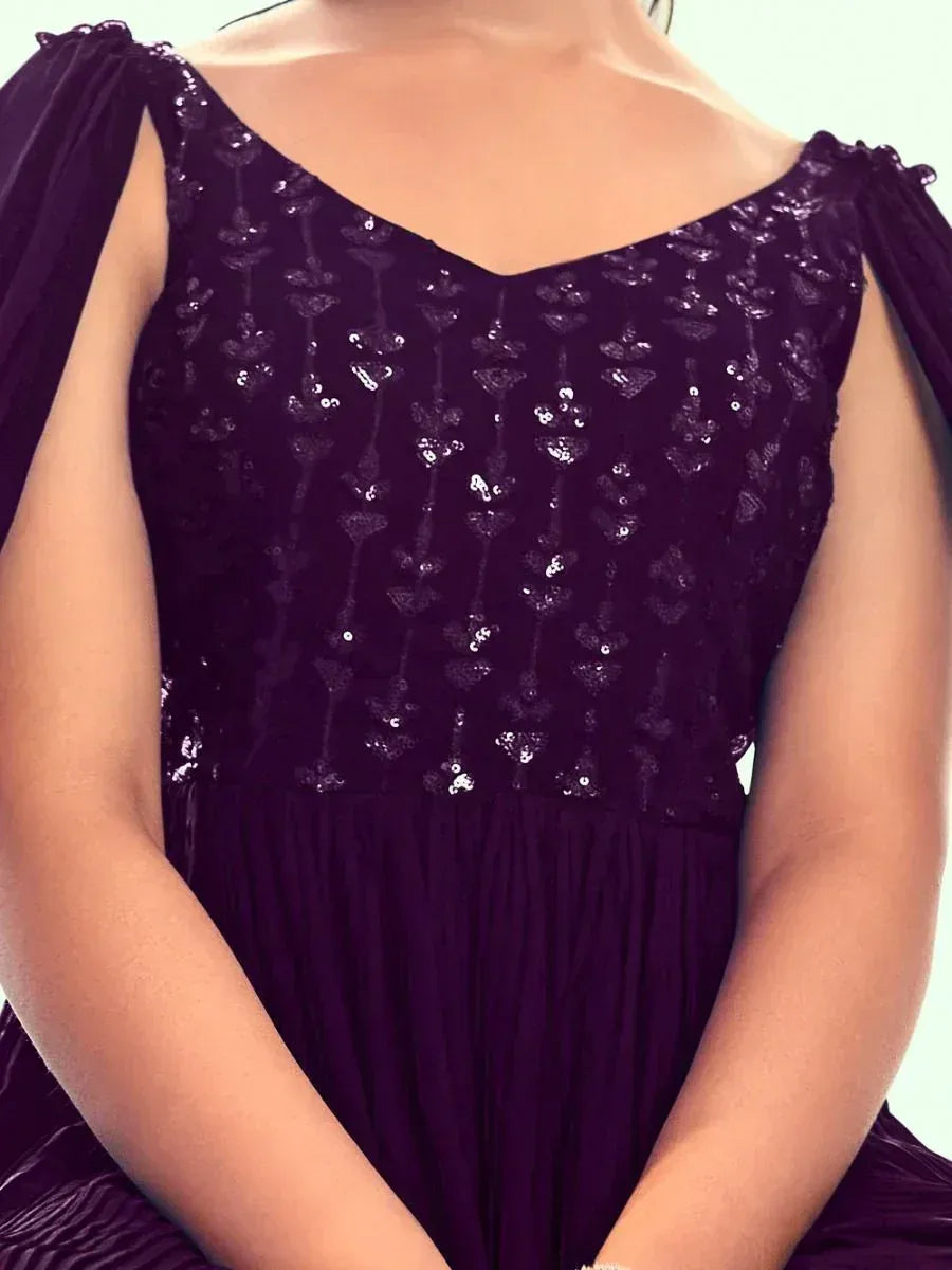 Purple sequin ethnic gown with puff sleeves and V-neck, perfect for Indian festive occasions