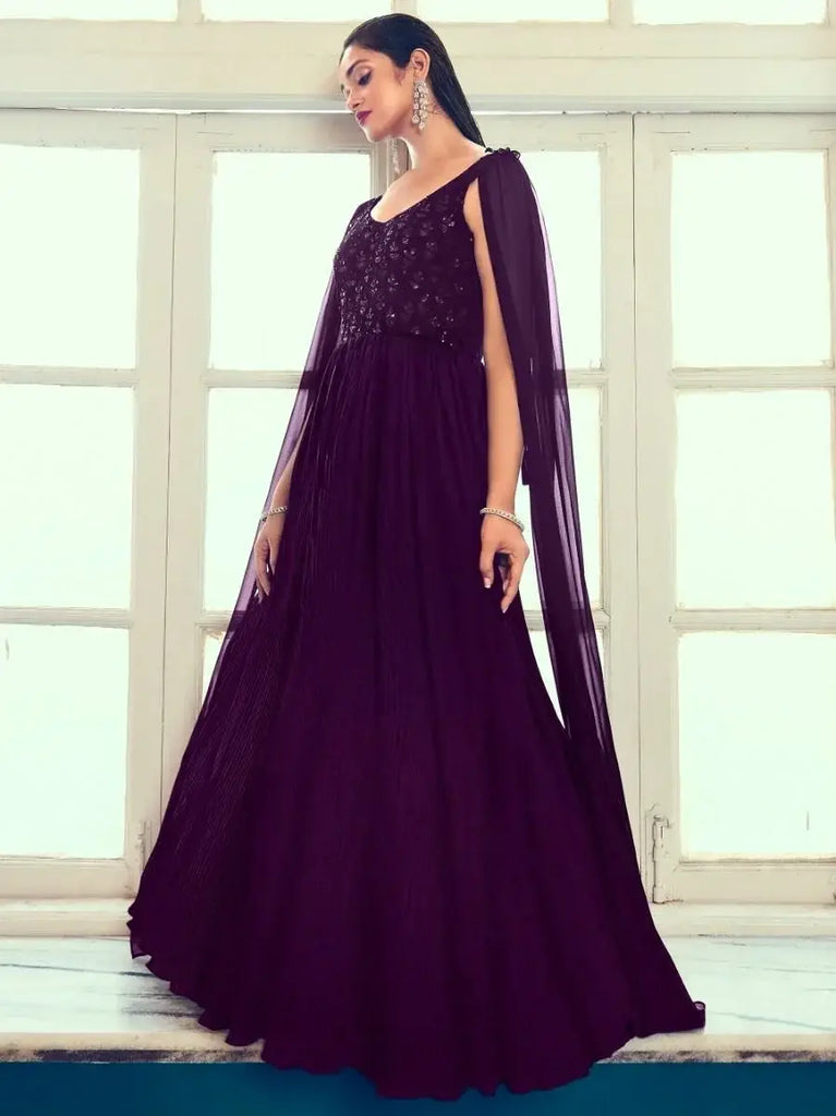 Remarkable Dark Purple Sequins Work Georgette Ready-Made Gown
