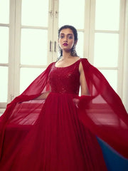 Mesmerizing Red Sequins Georgette Ready-Made Bridesmaid Gown