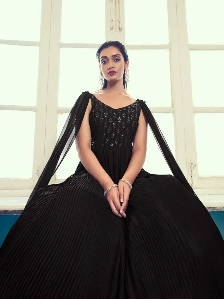 Capricious Black Sequins Work Georgette Ready-Made Party Wear Gown