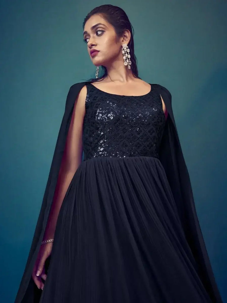 Astonishing Navy Blue Sequins Work Georgette Ready-Made Gown