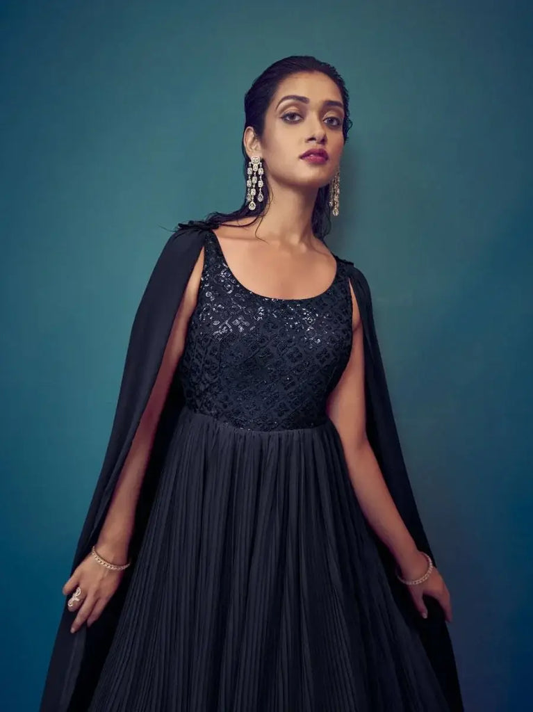Astonishing Navy Blue Sequins Work Georgette Ready-Made Gown