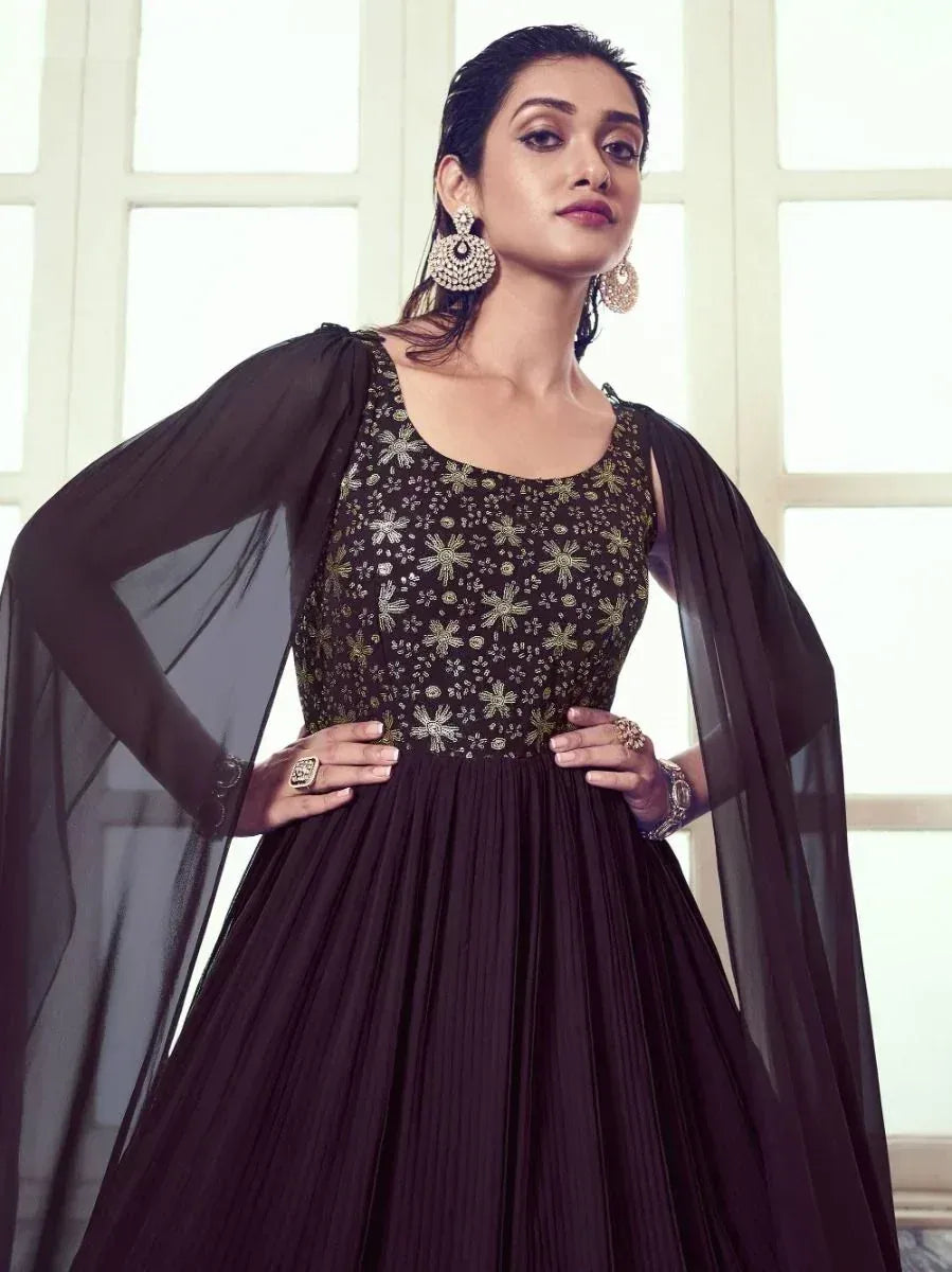 Black embroidered ethnic gown with sheer cape, perfect for Indian weddings and festive occasions