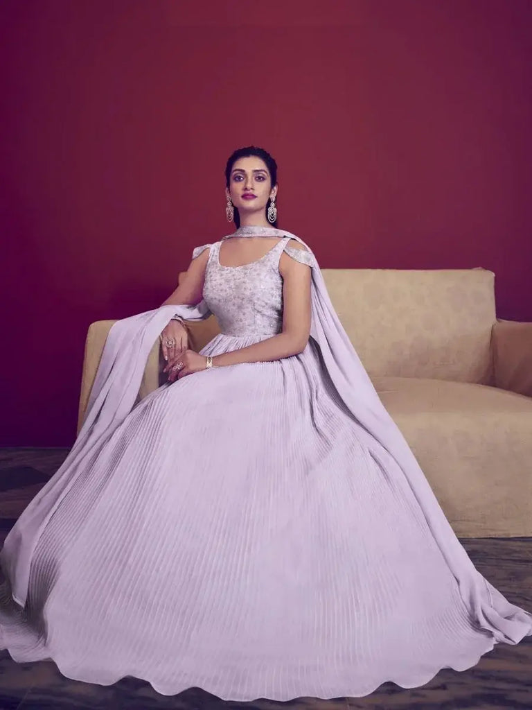 Tantalizing Lilac Sequins Work Georgette Event Wear Ready Made Gown