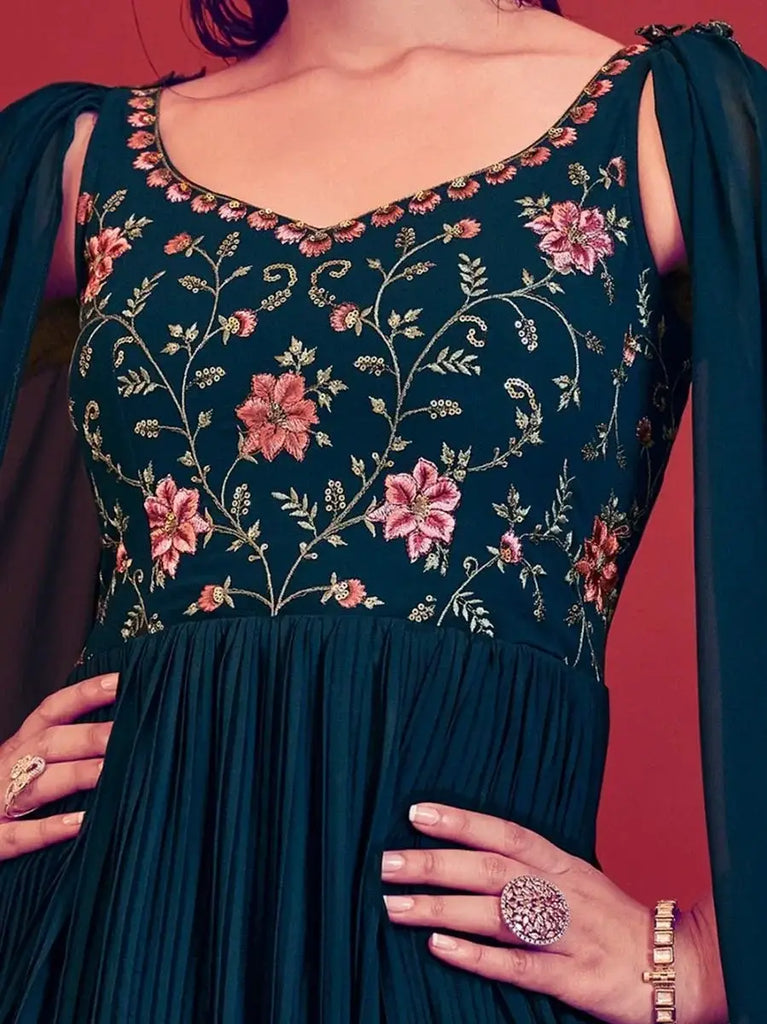 Attractive Teal Blue Thread Embroidery Georgette Ready-Made Gown