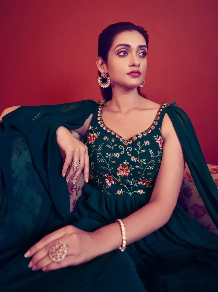 Attractive Teal Blue Thread Embroidery Georgette Ready-Made Gown