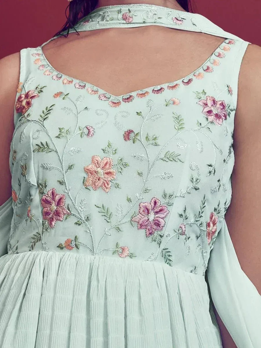 Light green ethnic gown with floral embroidery and back neck detail
