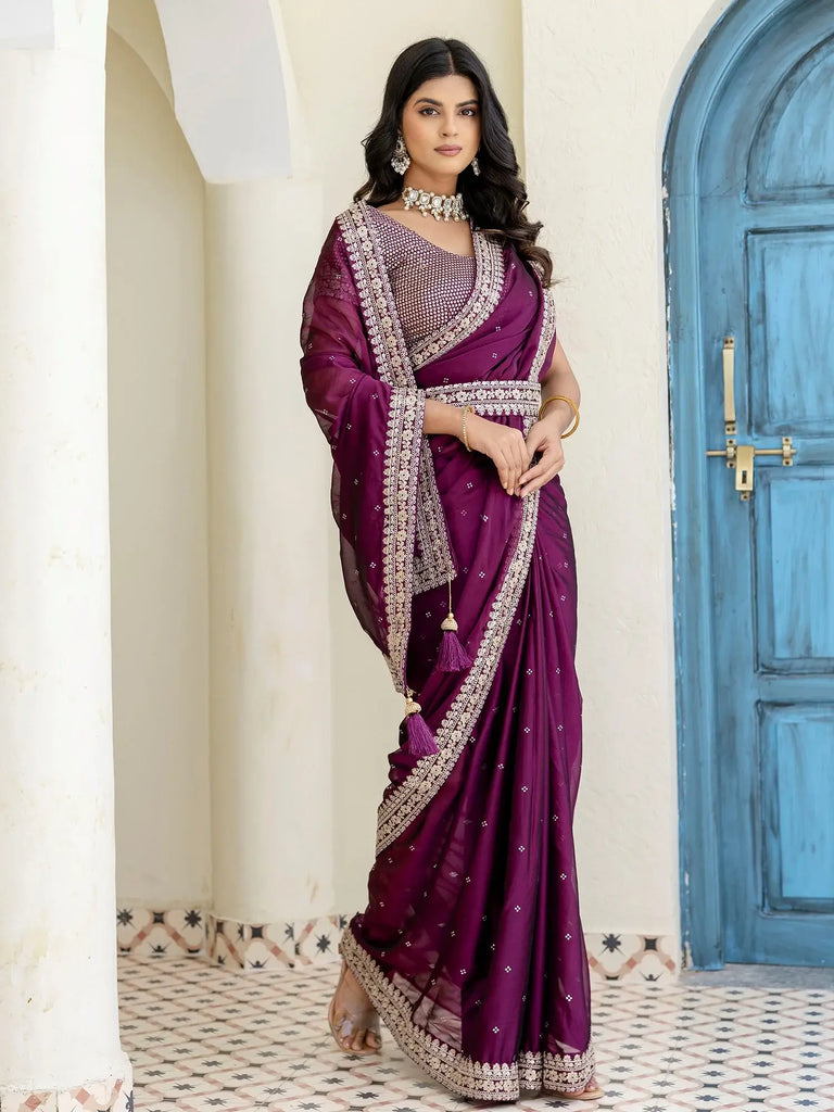 Elegant Wine Silk Sequins Work Reception Wear Saree With Blouse