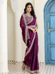 Elegant Wine Silk Sequins Work Reception Wear Saree With Blouse