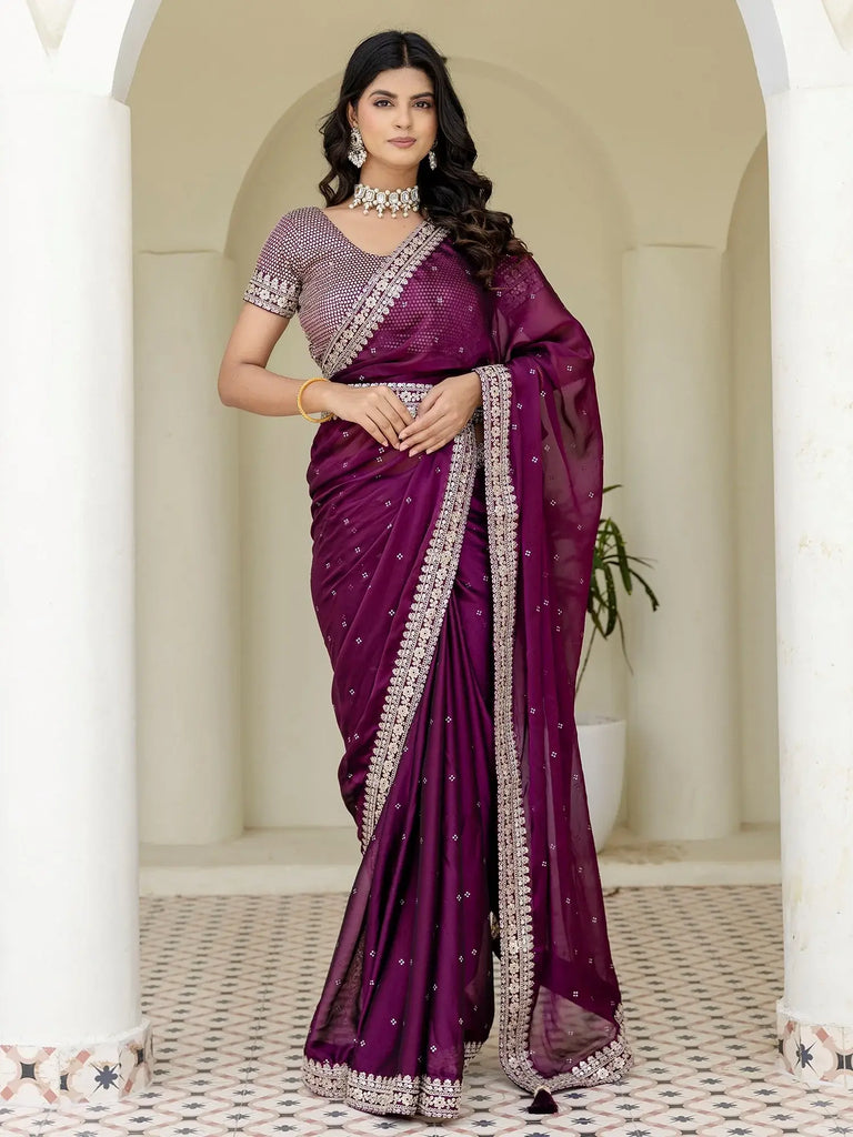 Elegant Wine Silk Sequins Work Reception Wear Saree With Blouse