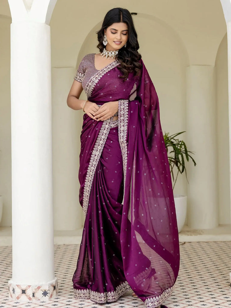 Elegant Wine Silk Sequins Work Reception Wear Saree With Blouse