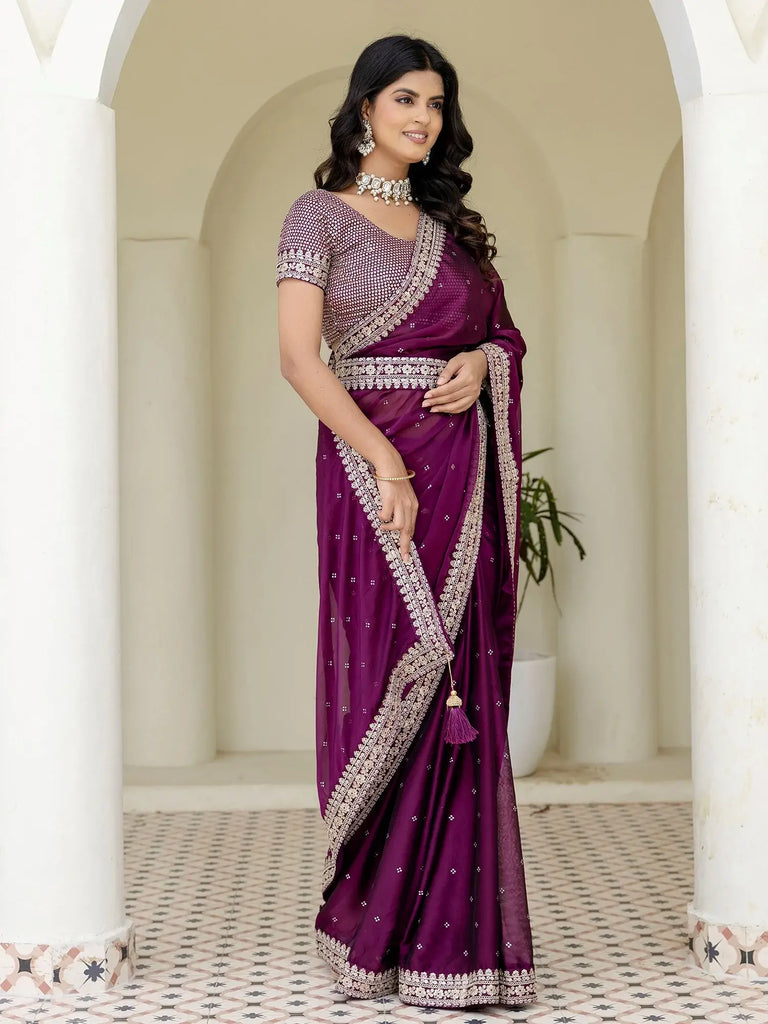 Elegant Wine Silk Sequins Work Reception Wear Saree With Blouse