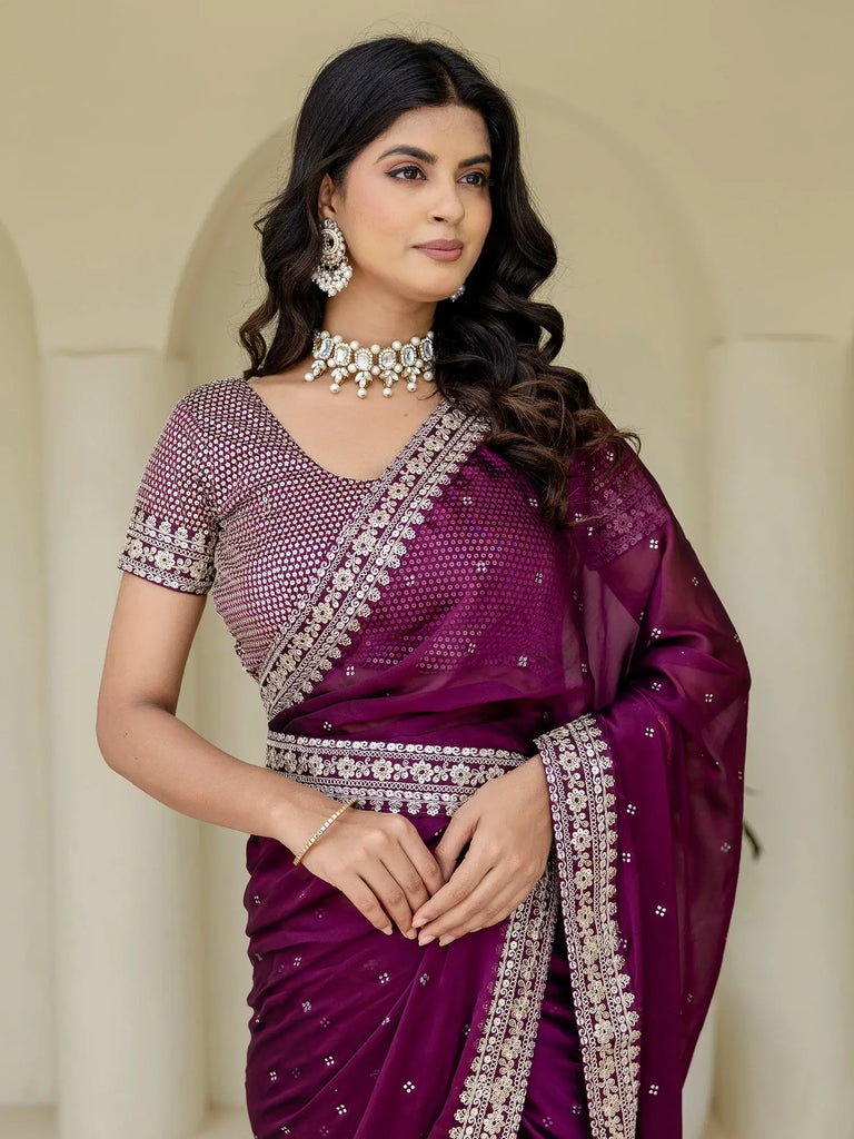 Elegant Wine Silk Sequins Work Reception Wear Saree With Blouse
