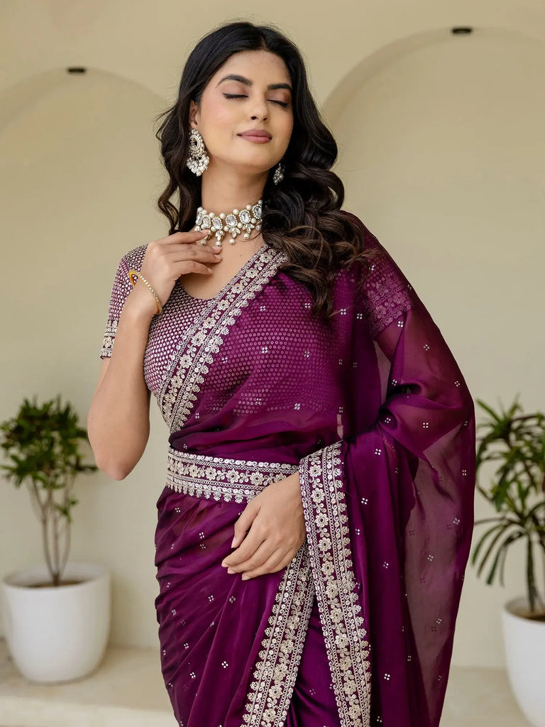 Elegant Wine Silk Sequins Work Reception Wear Saree With Blouse