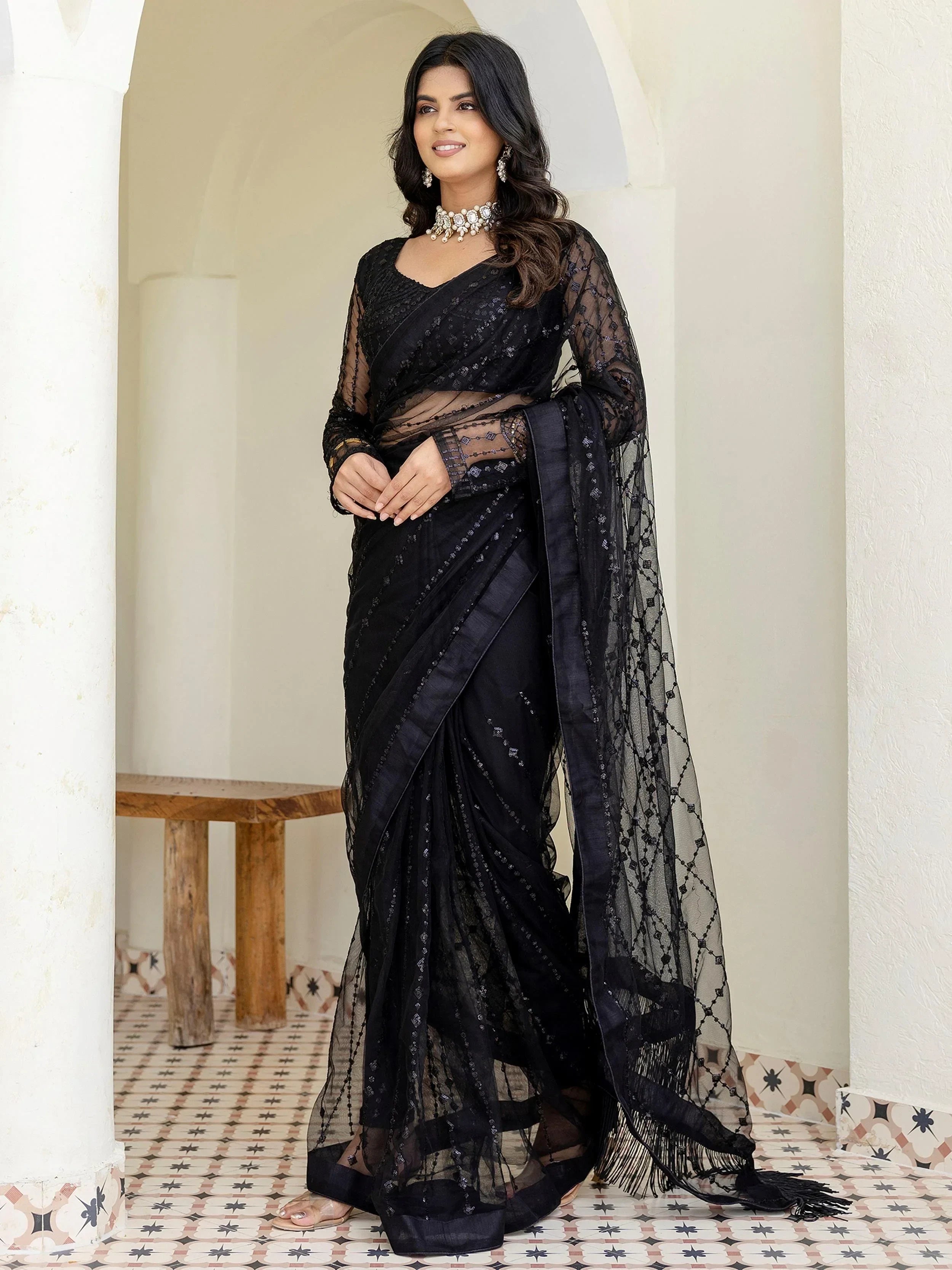 Stylish Black Net Sequins Embroidered Party Wear Saree With Blouse