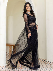 Stylish Black Net Sequins Embroidered Party Wear Saree With Blouse