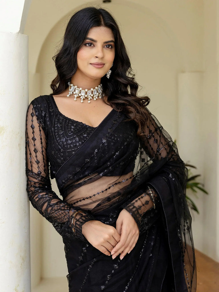Stylish Black Net Sequins Embroidered Party Wear Saree With Blouse
