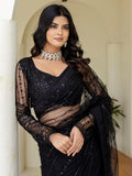 Stylish Black Net Sequins Embroidered Party Wear Saree With Blouse
