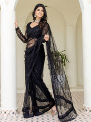Stylish Black Net Sequins Embroidered Party Wear Saree With Blouse