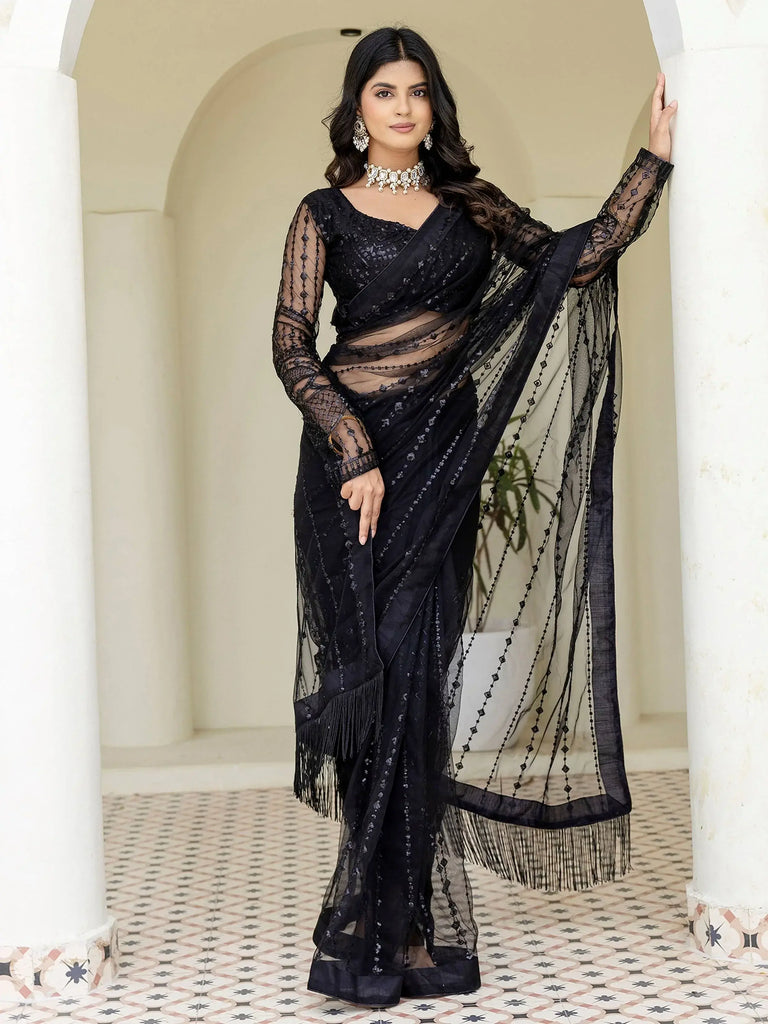 Stylish Black Net Sequins Embroidered Party Wear Saree With Blouse