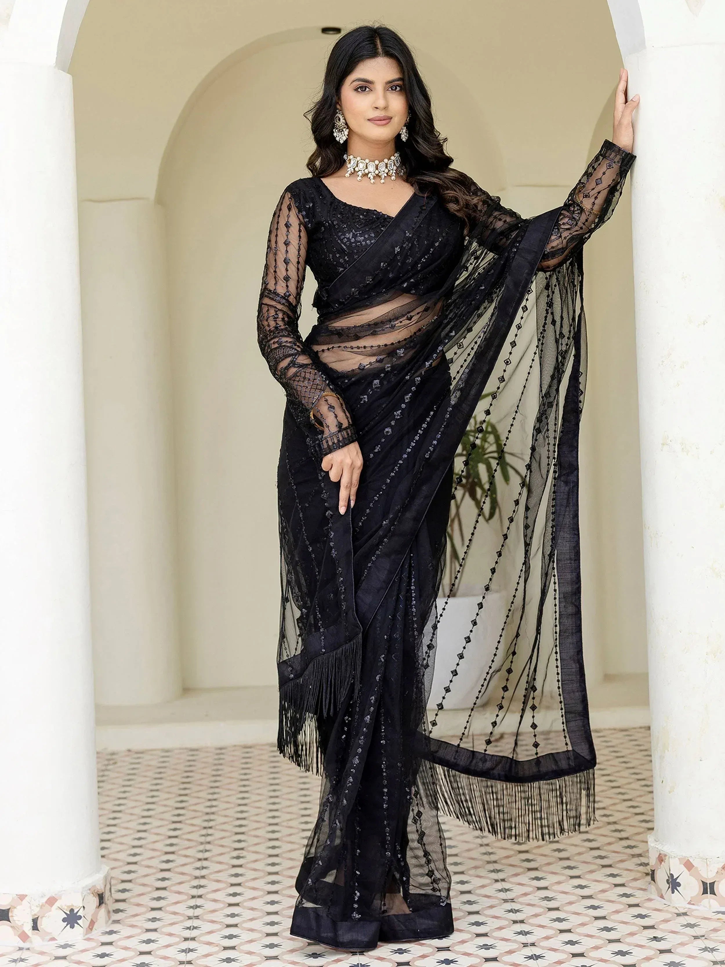 Black sheer saree with embroidery and fringe, styled with choker and earrings for ethnic wear
