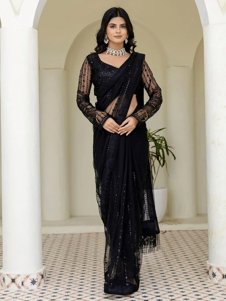 Stylish Black Net Sequins Embroidered Party Wear Saree With Blouse