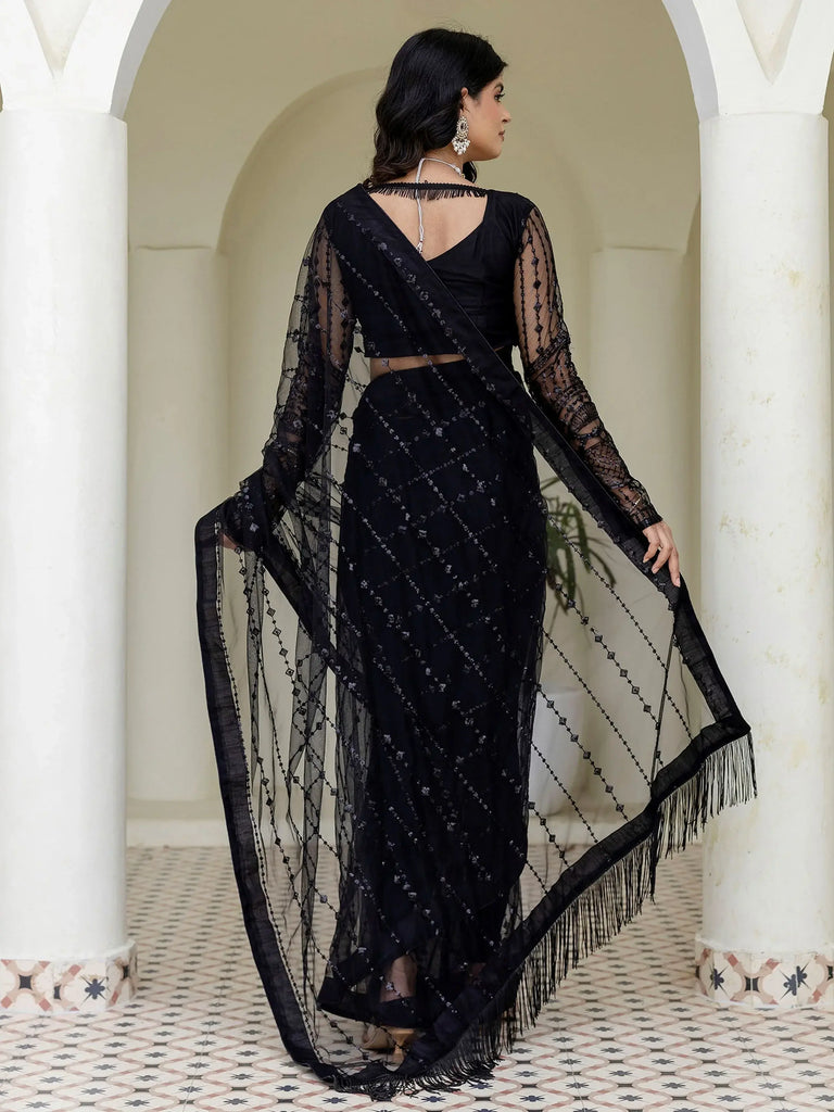 Stylish Black Net Sequins Embroidered Party Wear Saree With Blouse