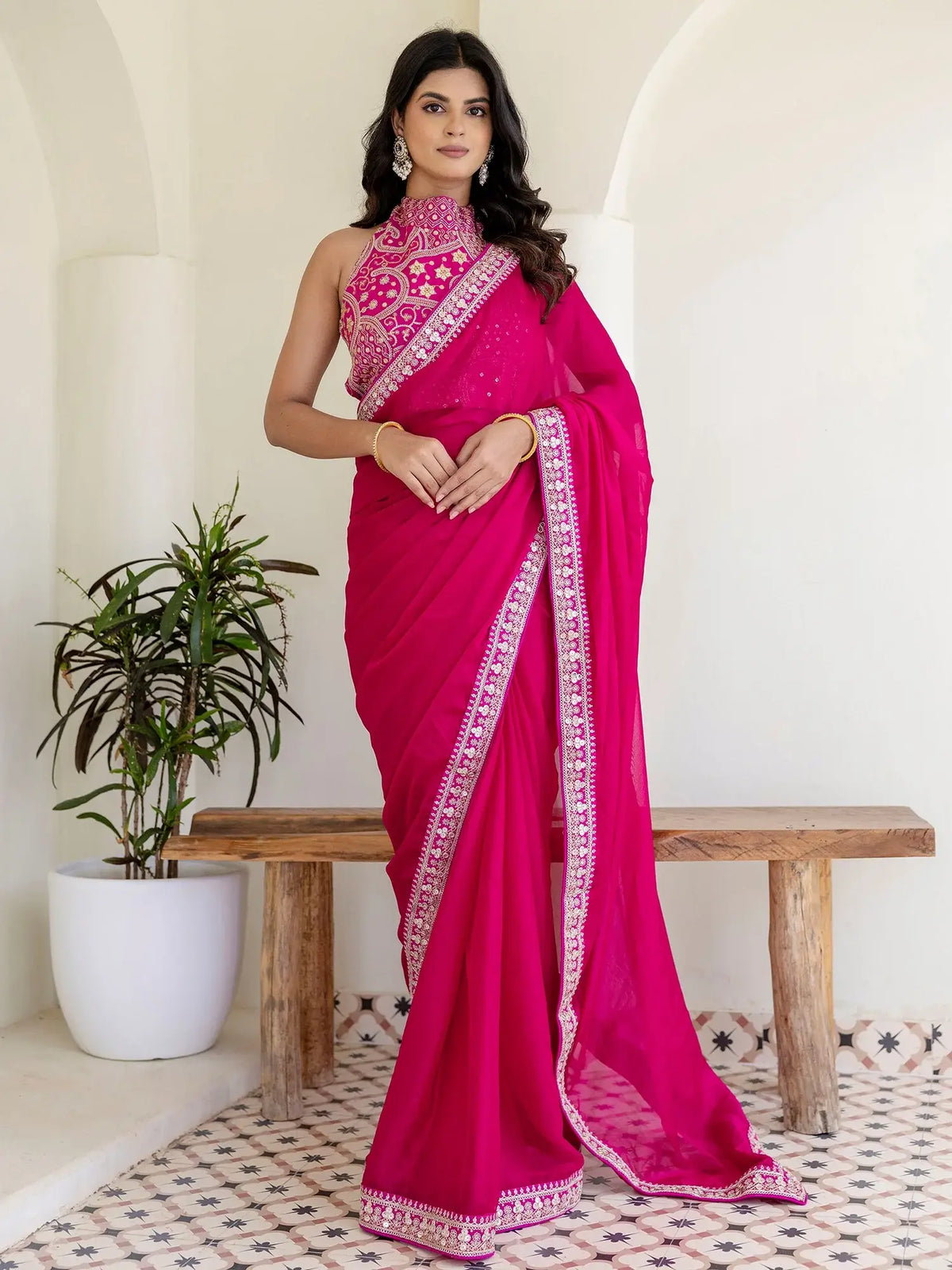 Charming Rani Pink Silk Sequins Embroidered Party Wear Saree