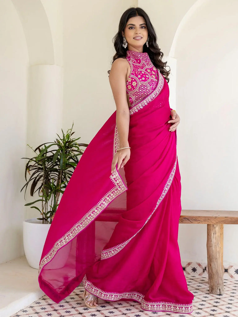 Charming Rani Pink Silk Sequins Embroidered Party Wear Saree