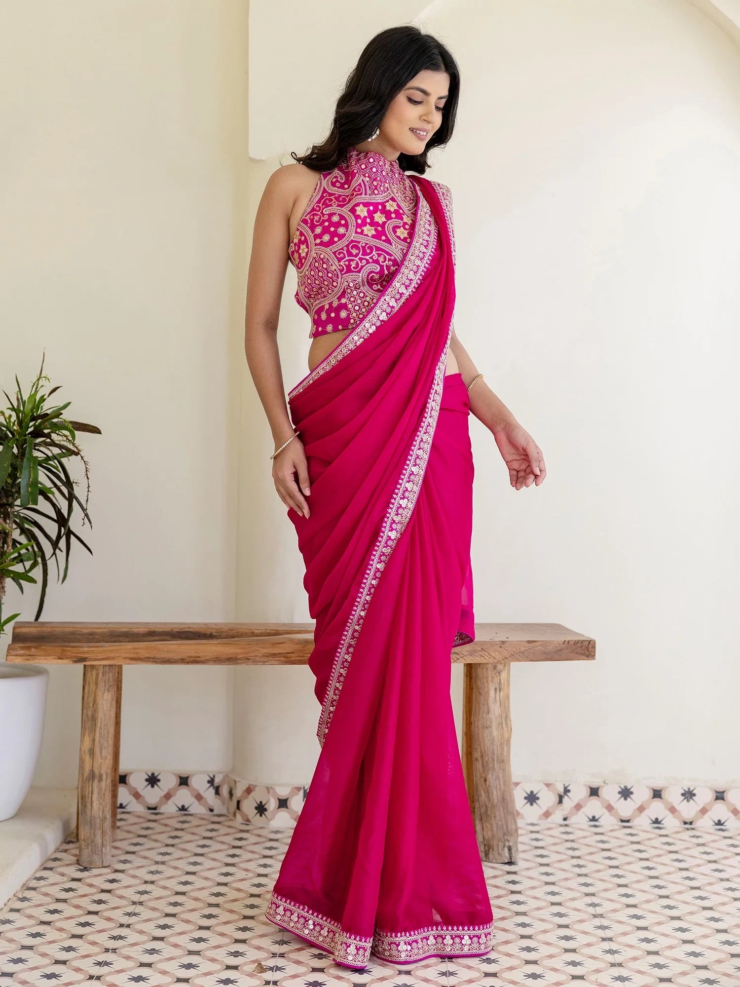 Charming Rani Pink Silk Sequins Embroidered Party Wear Saree