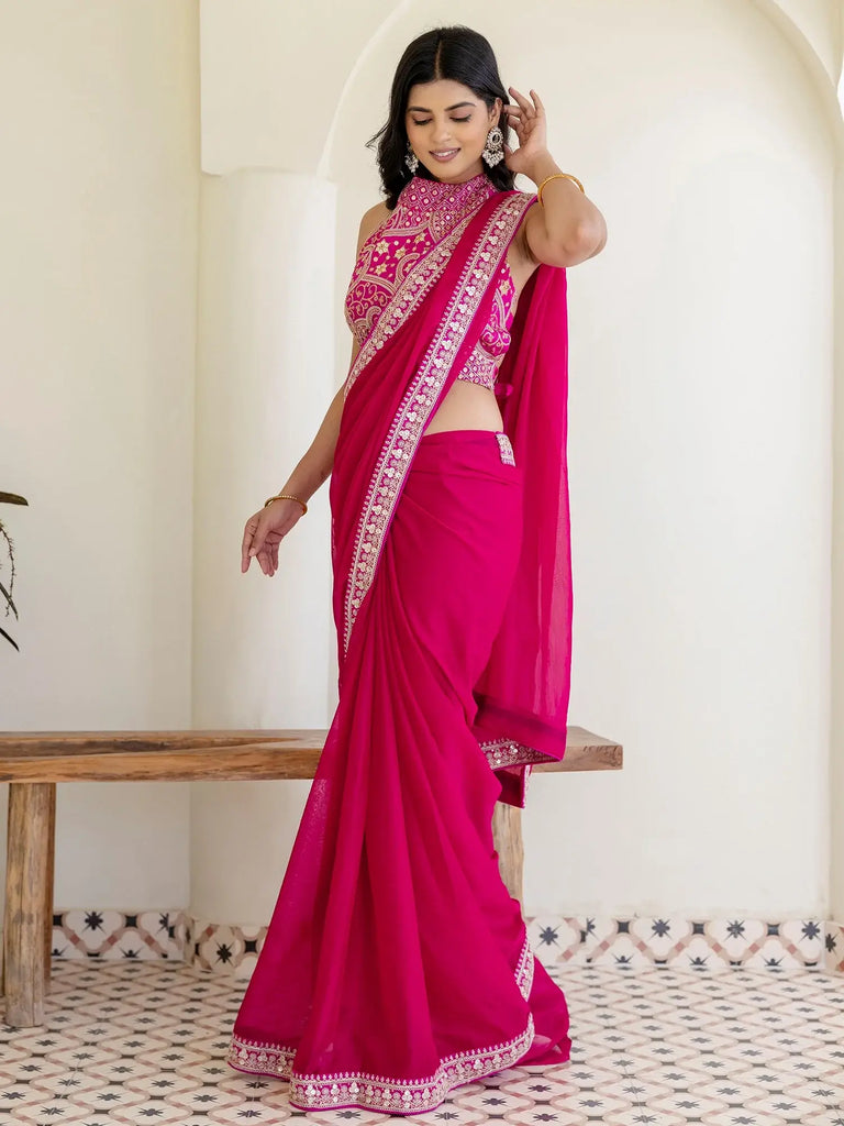 Charming Rani Pink Silk Sequins Embroidered Party Wear Saree