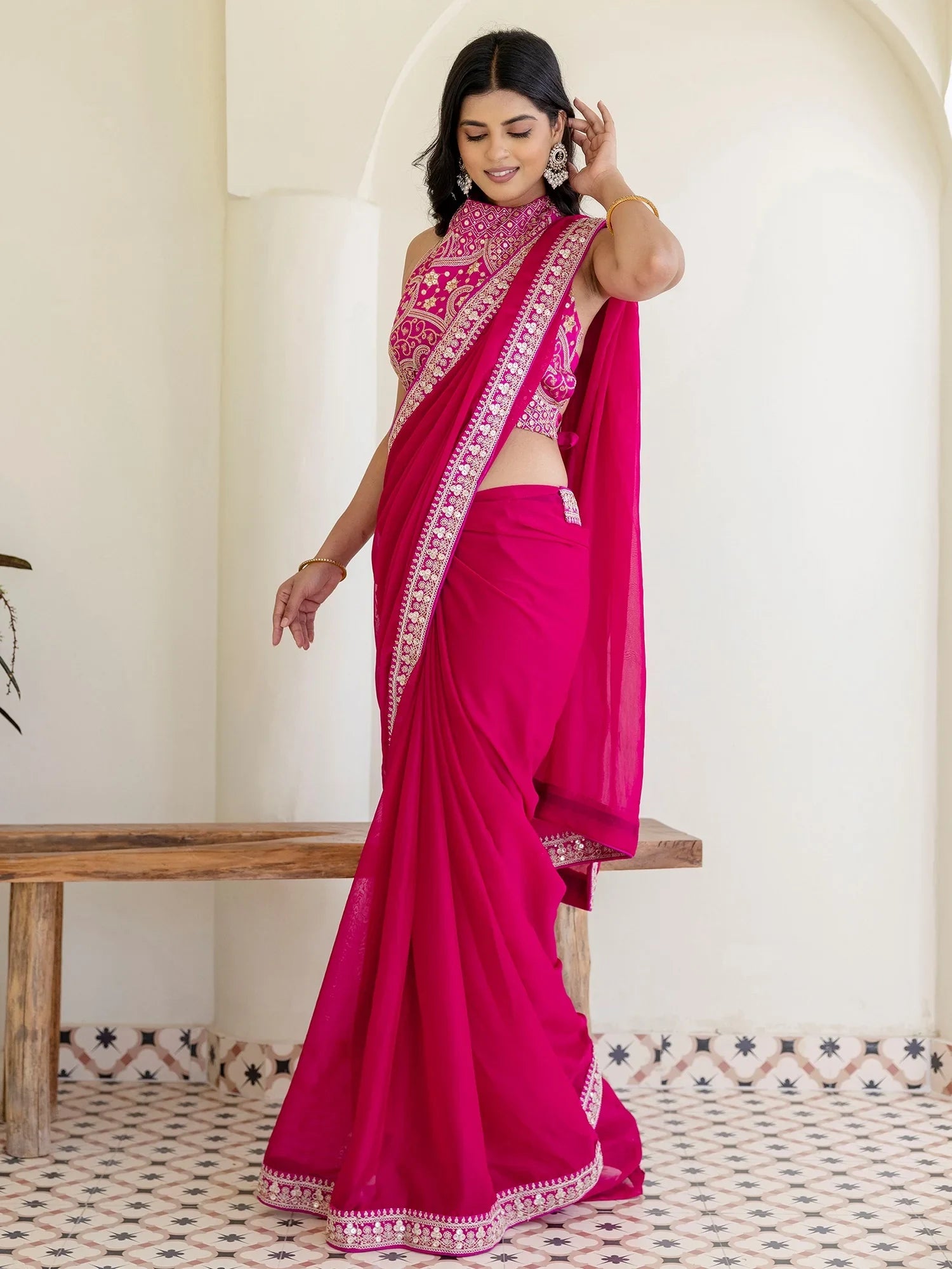 Charming Rani Pink Silk Sequins Embroidered Party Wear Saree