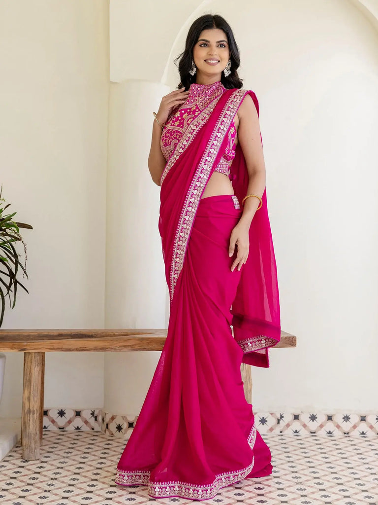 Charming Rani Pink Silk Sequins Embroidered Party Wear Saree