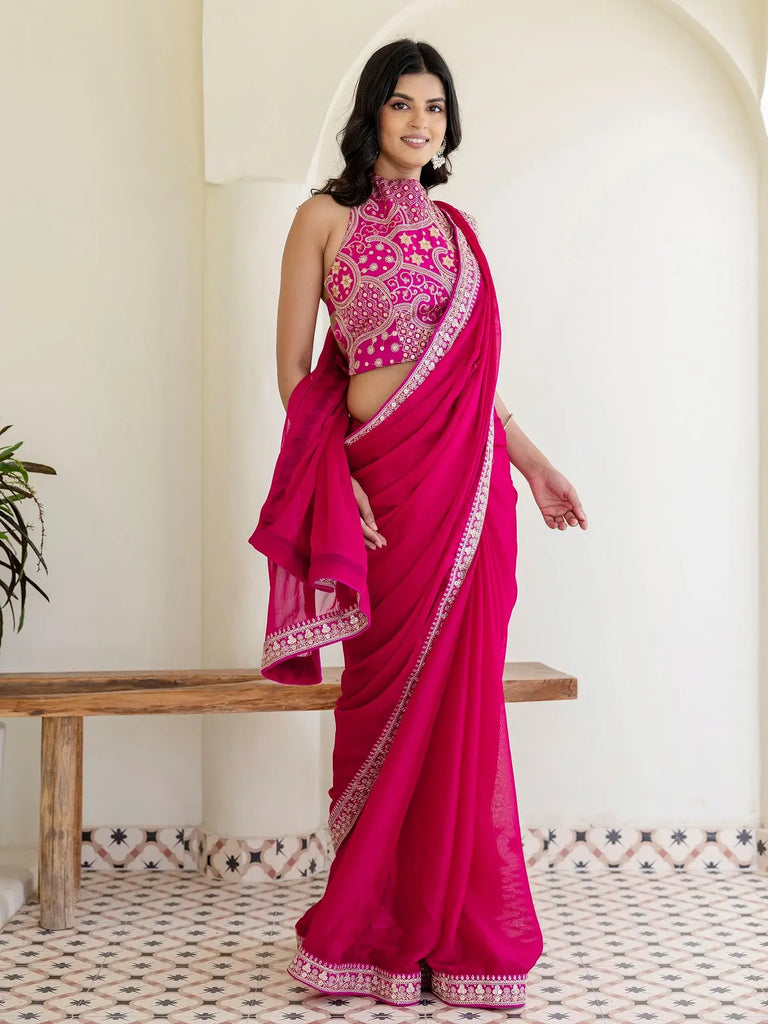 Charming Rani Pink Silk Sequins Embroidered Party Wear Saree