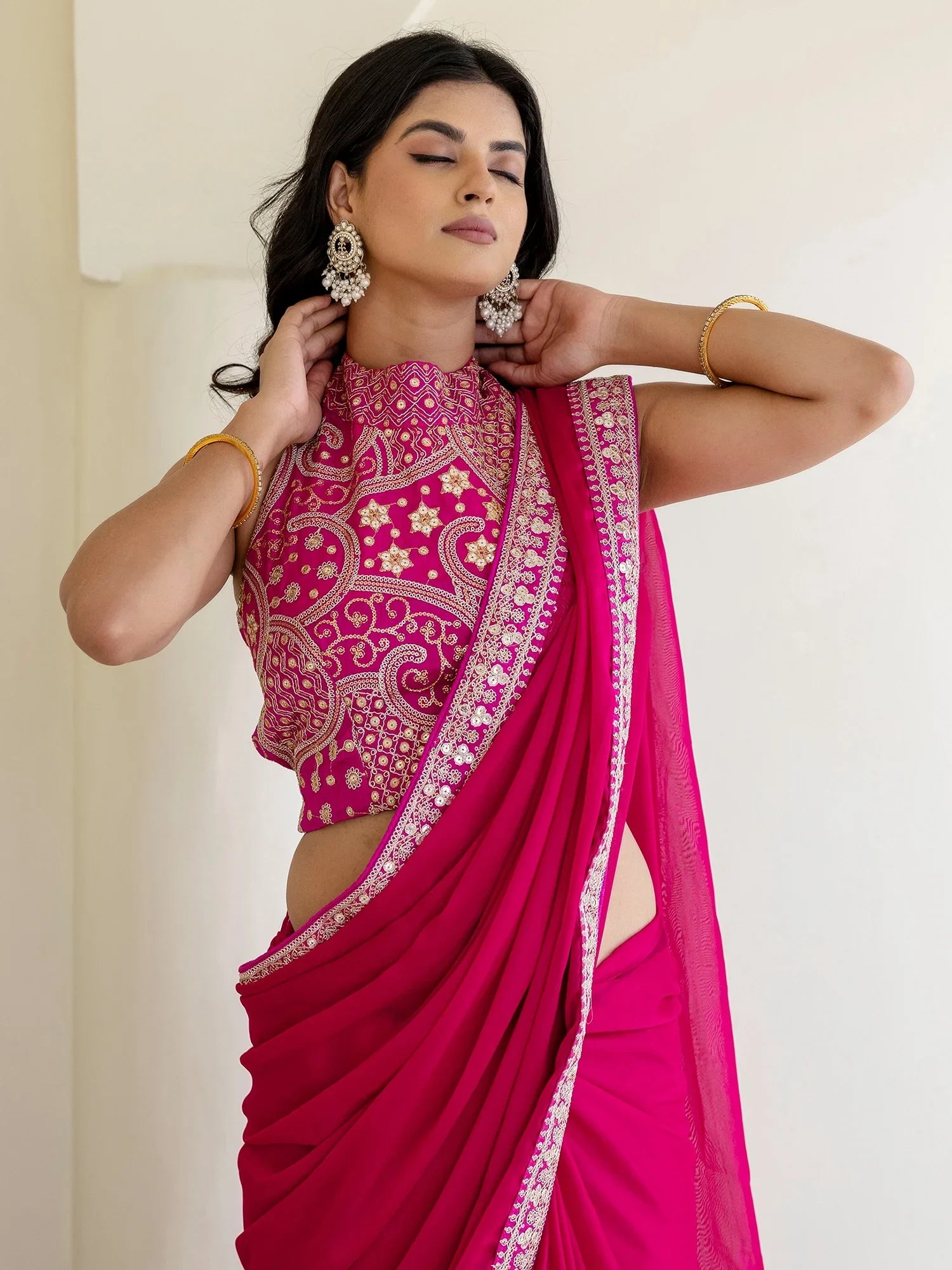 Charming Rani Pink Silk Sequins Embroidered Party Wear Saree