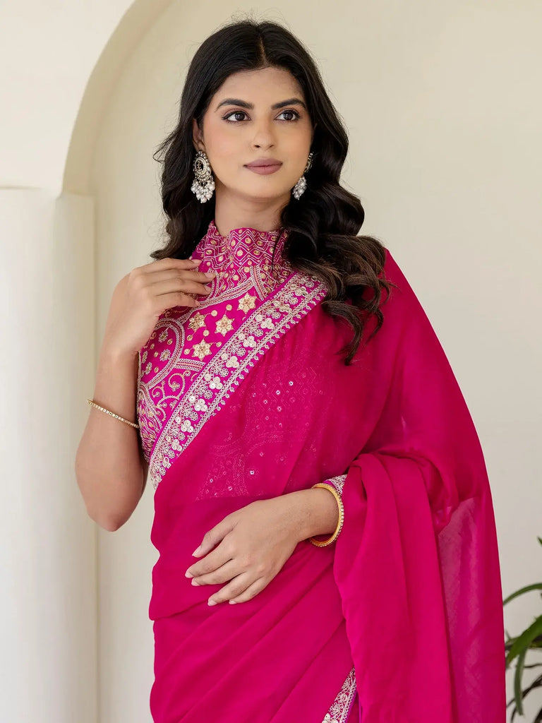 Charming Rani Pink Silk Sequins Embroidered Party Wear Saree