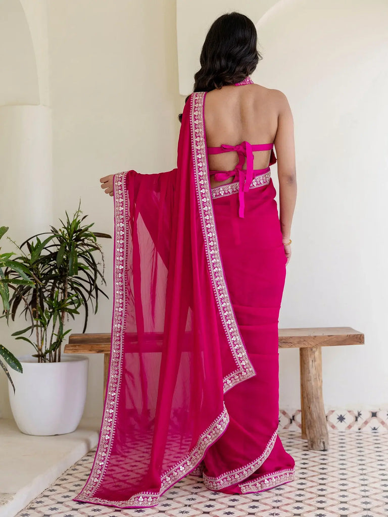 Charming Rani Pink Silk Sequins Embroidered Party Wear Saree